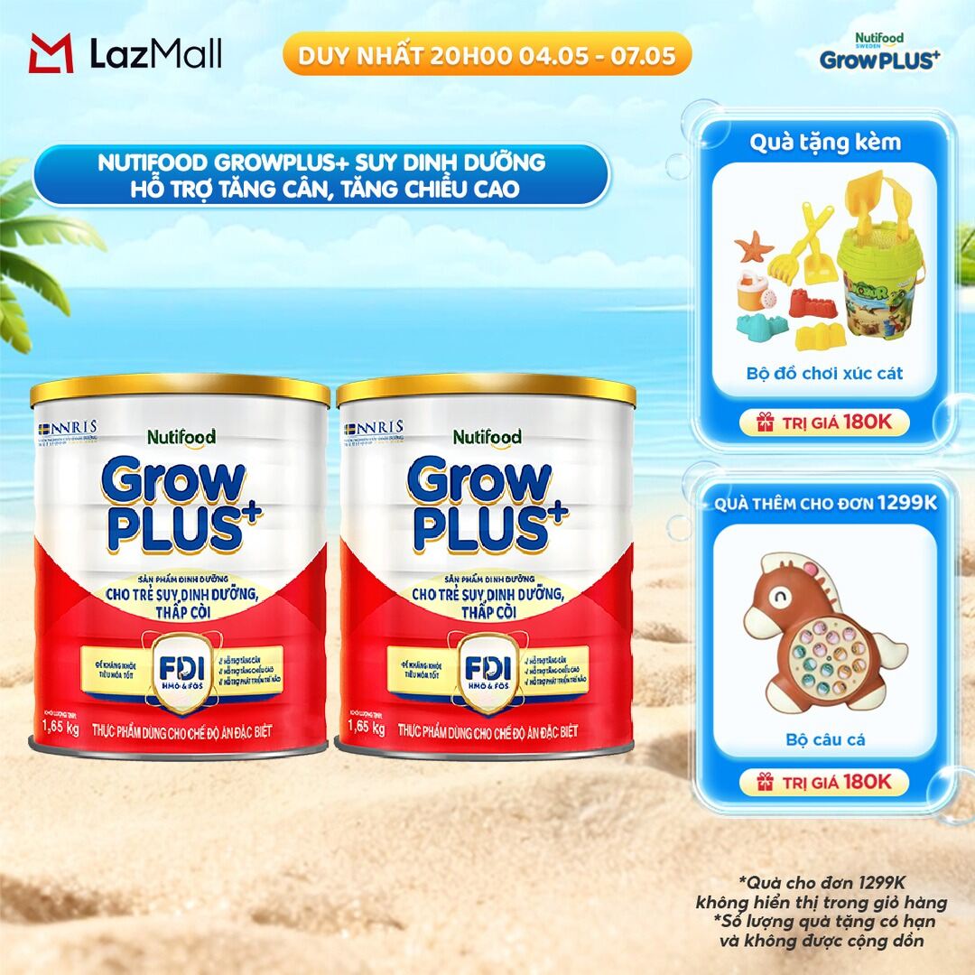 Combo 2 Sữa bột Nutifood GrowPLUS+ Suy Dinh Dưỡng (Đỏ) - Hỗ Trợ Tăng Cân, Tăng Chiều Cao (2 Lon 1,65 Kg)