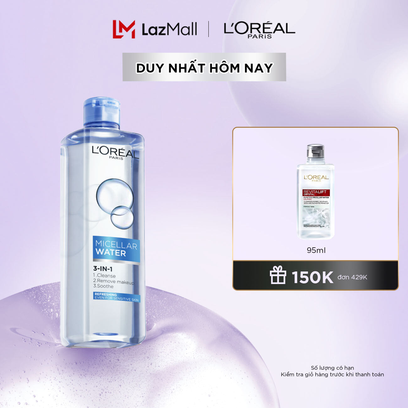 Nước tẩy trang tươi mát L'Oreal Paris Micellar Water 400ml (xanh dương nhạt)