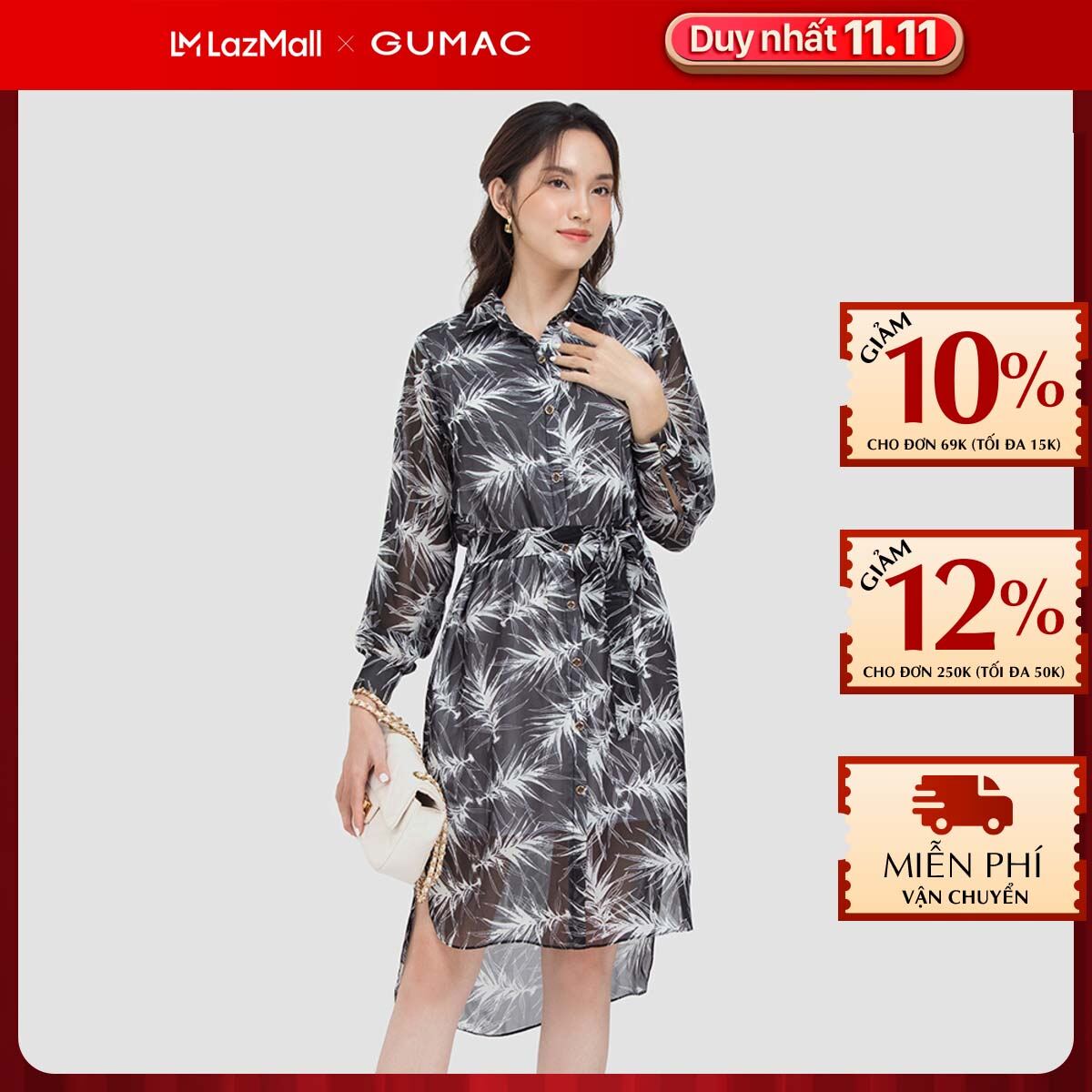 [15 - 17.5 | TẶNG QUÀ đơn từ 499K] Đầm sơ mi GUMAC DC06048 buộc eo