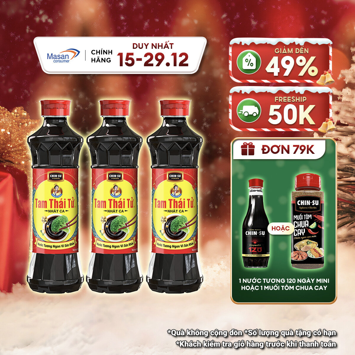   15.12-29.12 Voucher 18% CHO ĐƠN TỪ 199K Combo 3 Nước Tương Tam Thái Tử Nhất Ca 500ml 
