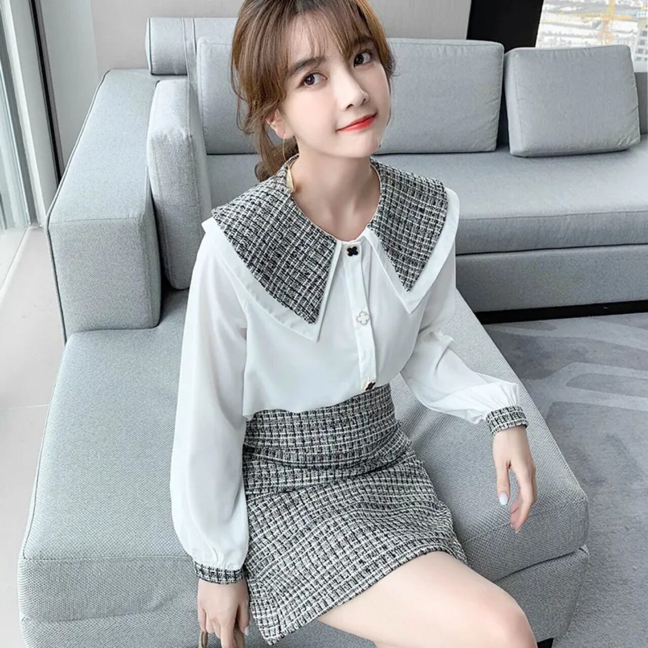 Sét Váy Sơ Mi Dạ Tweed Trắng Đen Hàng Quảng Châu