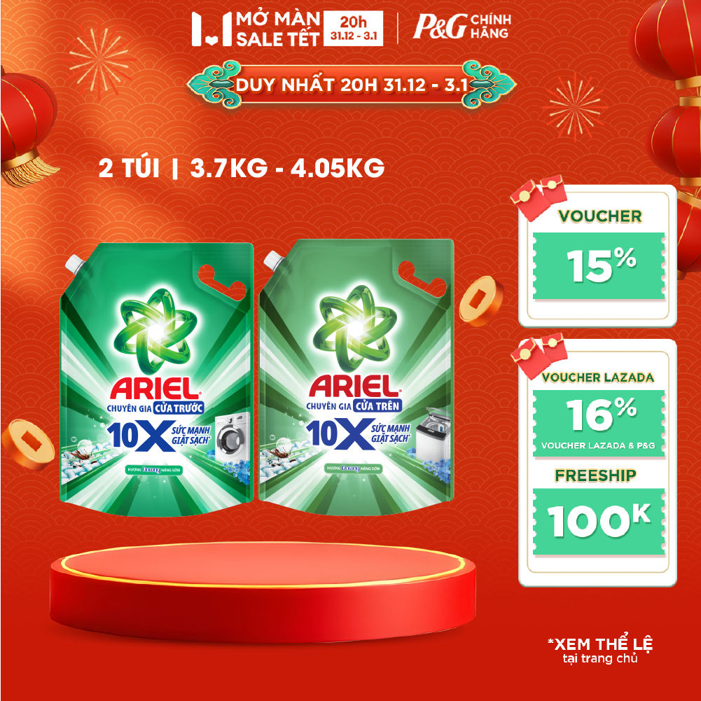  Combo 2 Nước Giặt Gel ARIEL 10X Sức Mạnh Giặt Sạch Chuyên Gia Cửa Trước-Cửa Trên Hương Downy Nắng Sớm Túi 3.7KG  4.05KG 