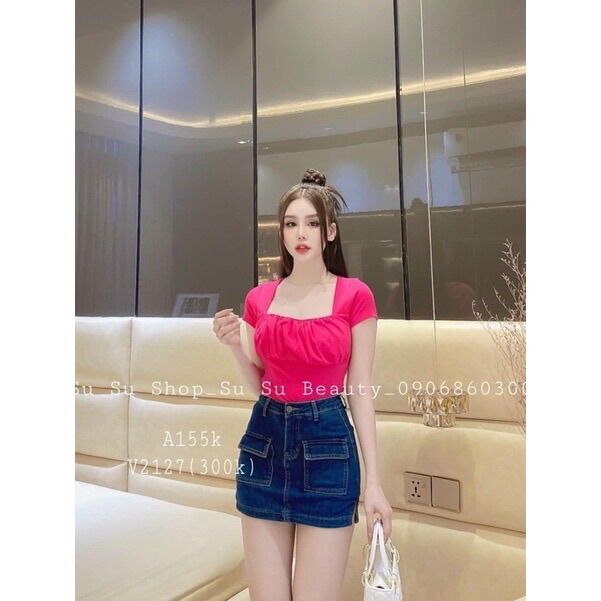 Áo thô cổ vuông rúm ngực nhiều màu