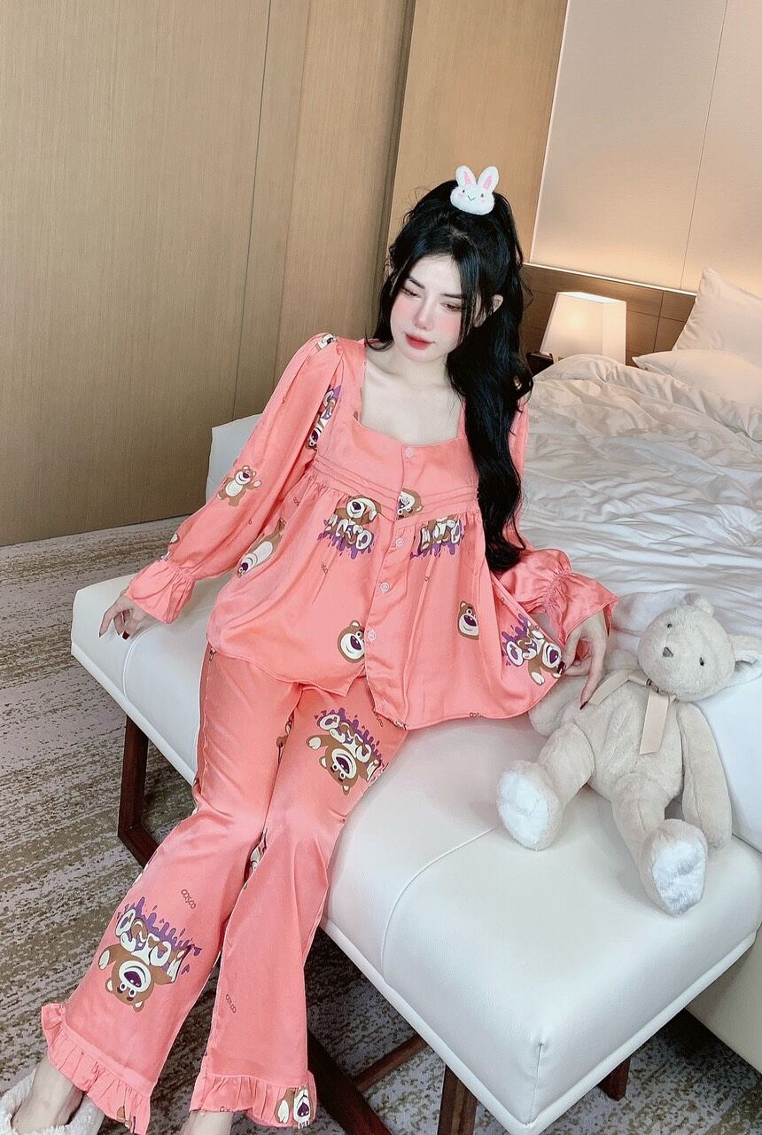Bộ lụa ngọc trai hoạ tiết cute ,size 40-60kg