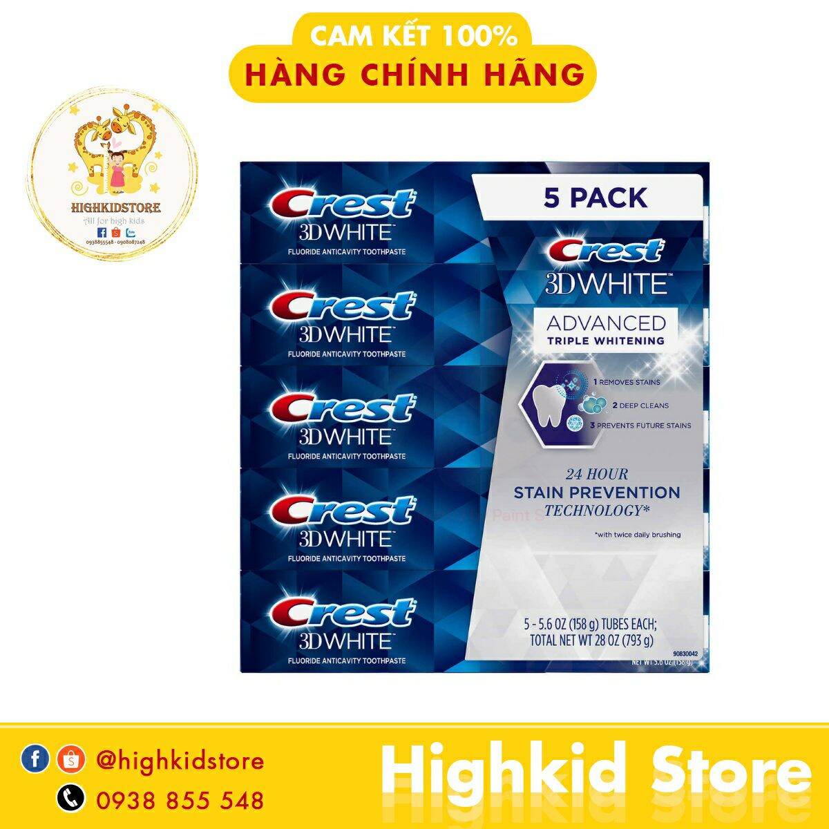 Kem đánh răng crest 3d white advanced của mỹ 158gr