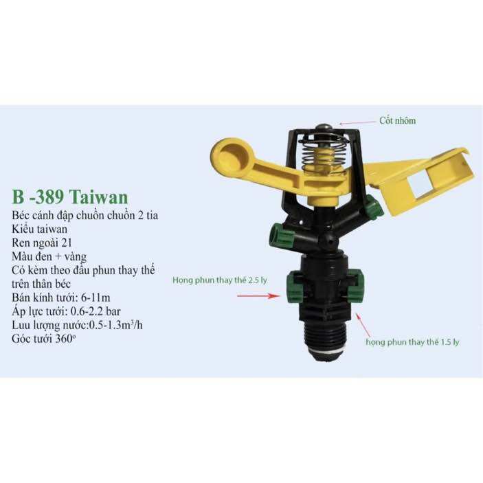 Béc tưới cánh đập 3 tia phun ren ngoài phi 21