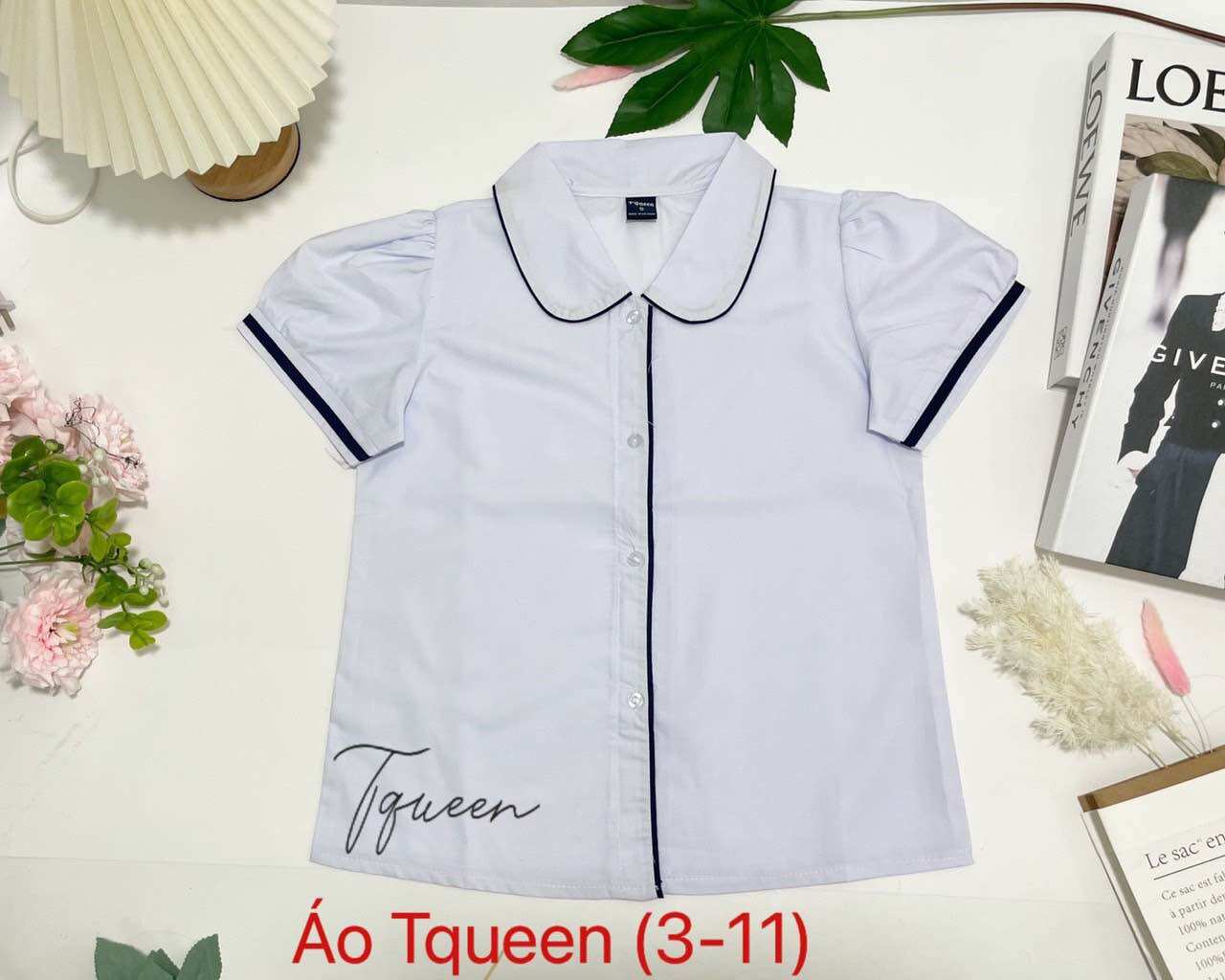 Áo sơ mi trắng cổ sen có viền tay phồng nữ học sinh đồng phục học sinh bé gái cấp 1 cấp 2, sơ mi cổ sen, đồ đi học tiểu học