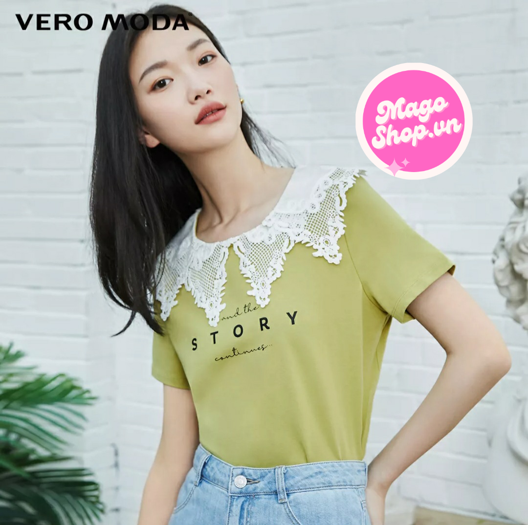 Vero Moda Áo thun màu xanh bơ cổ ren trắng newtag