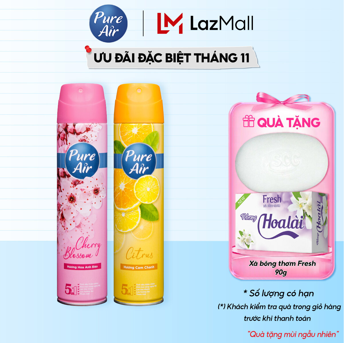 Combo 2 Chai Xịt Phòng Hương Nước Hoa Pure Air Hương Hoa Hồng Hương Anh Đào Hương Cam Chanh Hương Oả