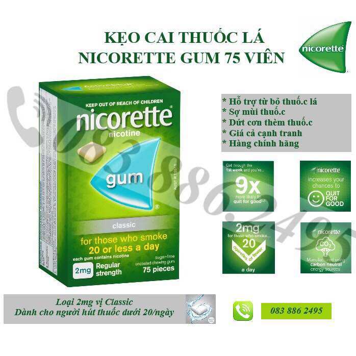 KẸO CAI THUỐ.C LÁ NICORETTE GUM CLASSIC (Nicorette Quit Smoking Regular Strength Nicotine Gum Classic 75-150-210 Pack)