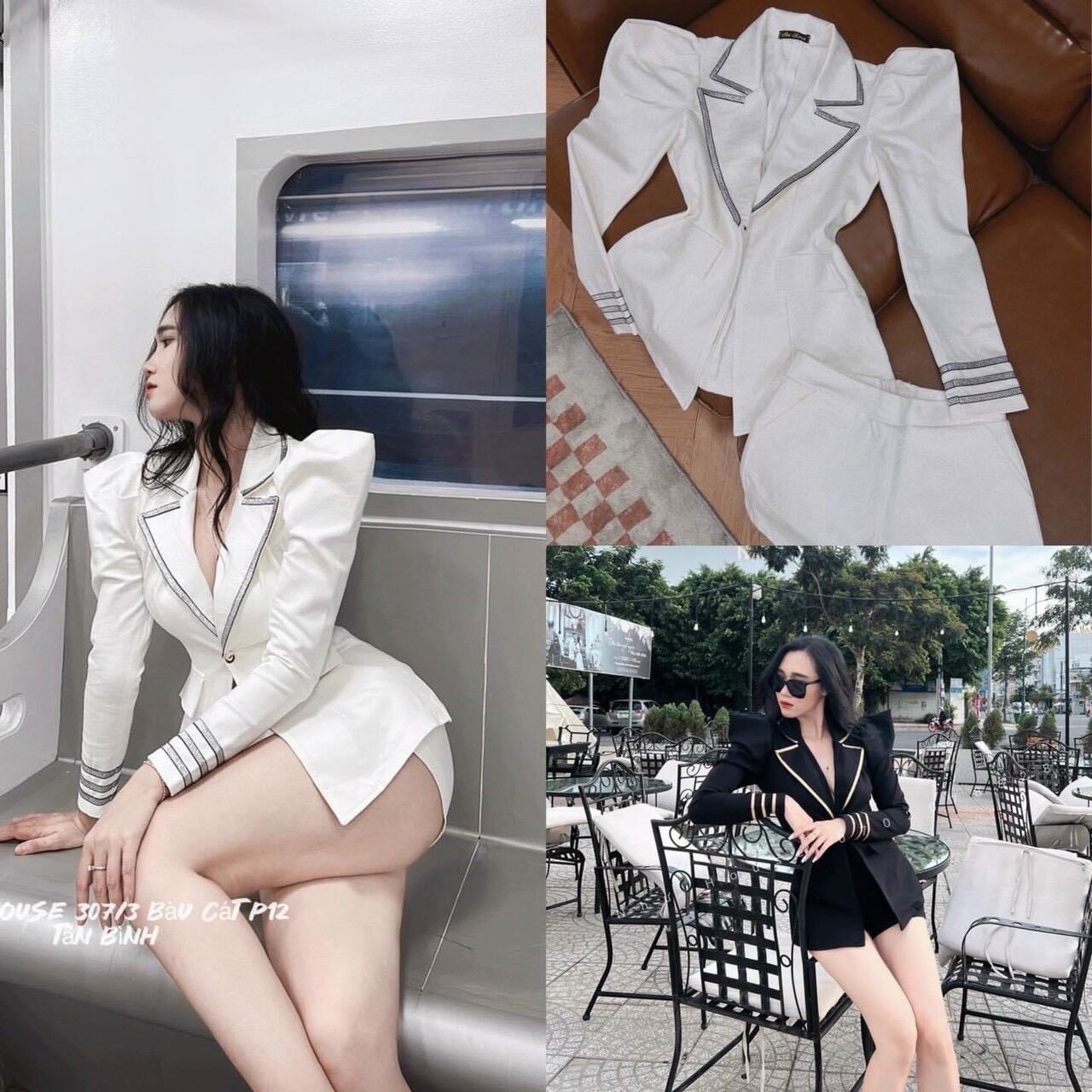 Set áo cổ vest viền ánh nhũ + quần short