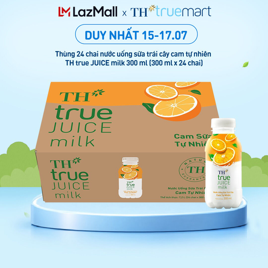 Thùng 24 chai nước uống sữa trái cây TH true JUICE milk cam tự nhiên 300 ml (300 ml x 24)