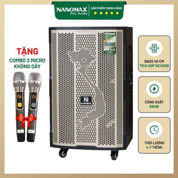 Loa karaoke di động chính hãng nanomax sk-0209 (loa 3 đường tiếng, 1 loa bass 40cm, 1 treble còi, 1 loa mid, bass 40cm 650w karaoke bluetooth 5.0