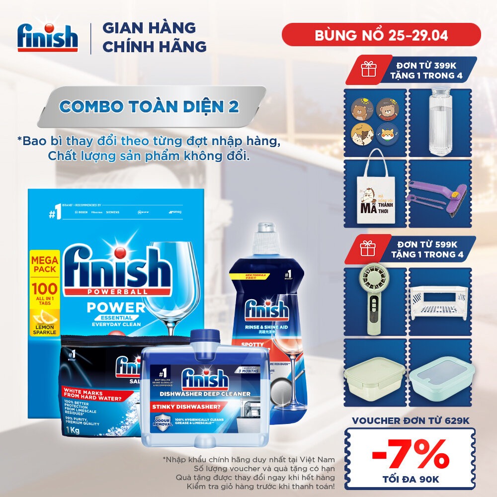 Combo Finish toàn diện 2: Hộp 100 Viên Rửa Bát Essential + Nước Làm Bóng Finish 500ml + Muối Rửa Chén Finish Salt túi 1kg + Dung dịch vệ sinh máy