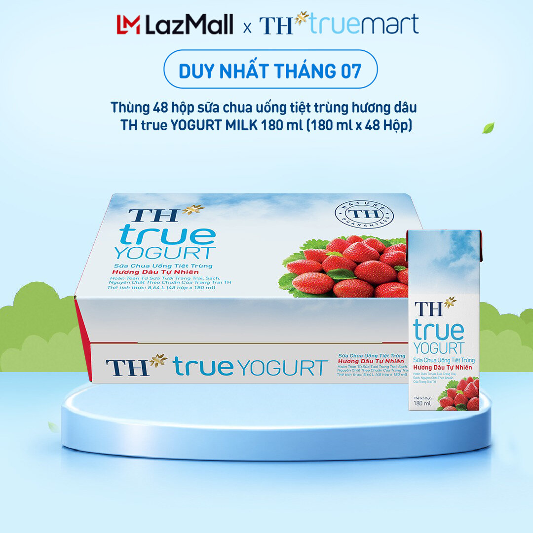 Thùng 48 hộp sữa chua uống tiệt trùng TH true YOGURT hương dâu tự nhiên 180 ml (180 ml x48)