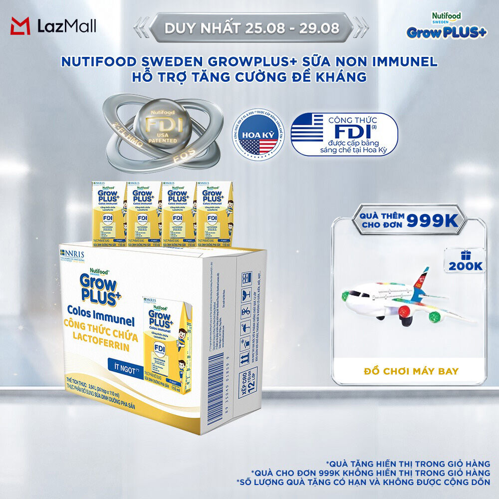 Thùng 24 Hộp Sữa Bột Pha Sẵn Nutifood Sweden GrowPLUS+ Sữa Non Immunel hộp 110 ml (Bao bì tuỳ lô hàng)