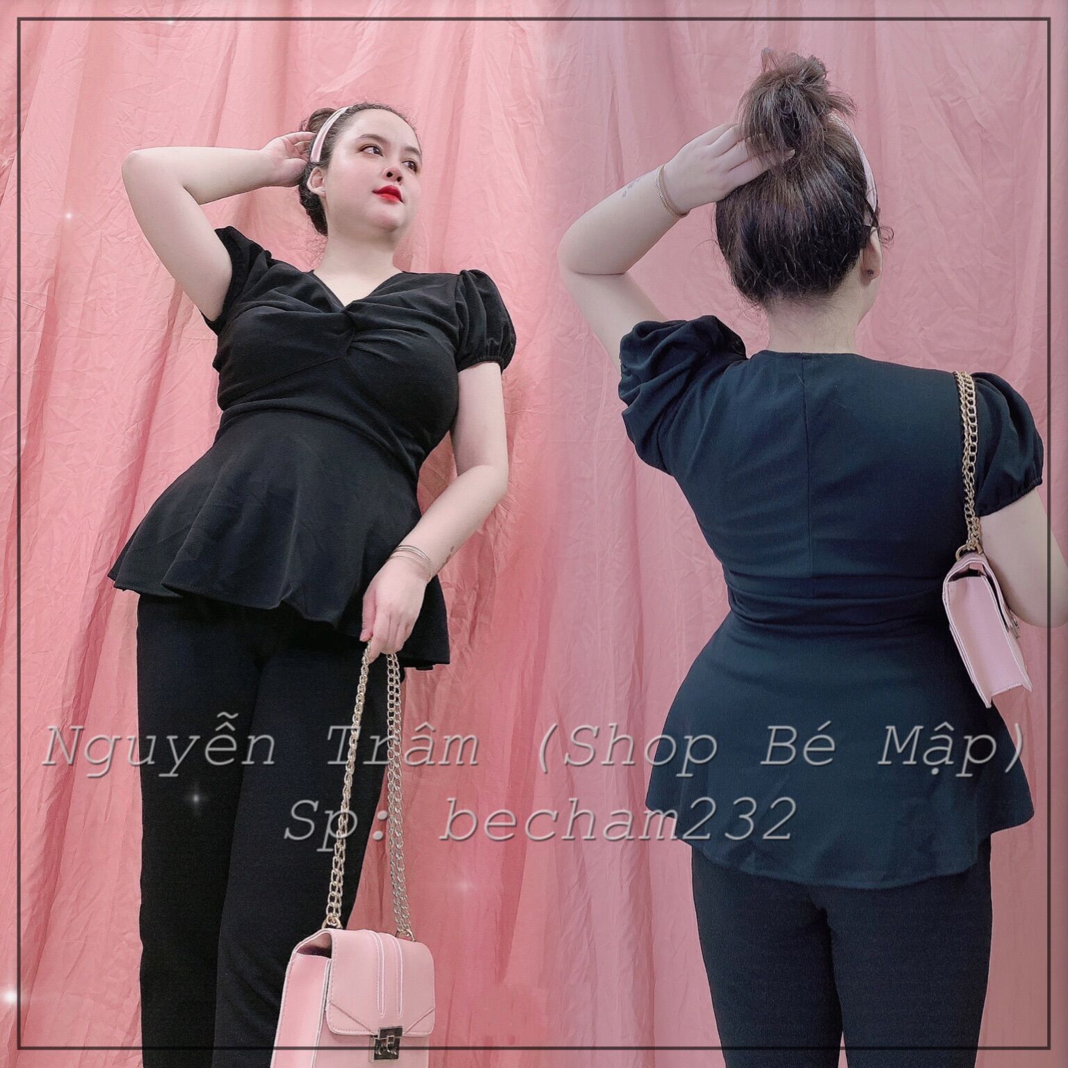 Set áo peplum tay bồng xoắn ngực quần dài bigsize 65-85kg