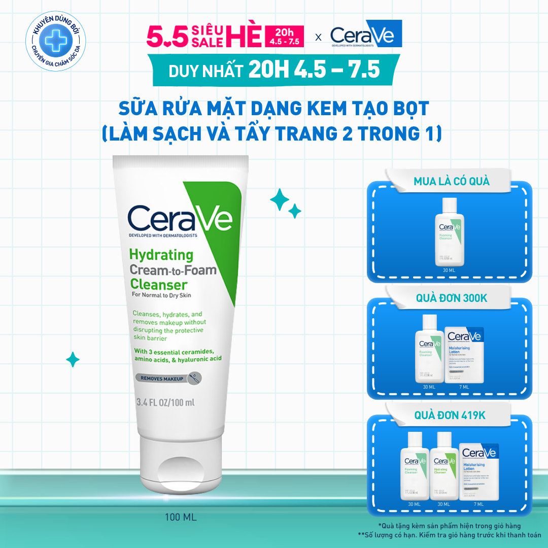 Sữa rửa mặt dạng kem tạo bọt (làm sạch và tẩy trang 2 trong 1) Hydrating Cream-to-Foam Cleanser 100ml