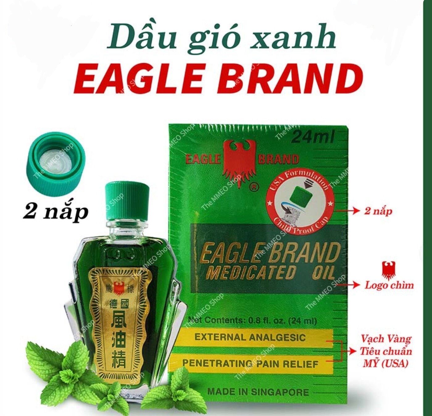 feeship combo 3 hộp Dầu Gió Xanh 2 Nắp Singapore nhập khẩu chính hãng 24ml