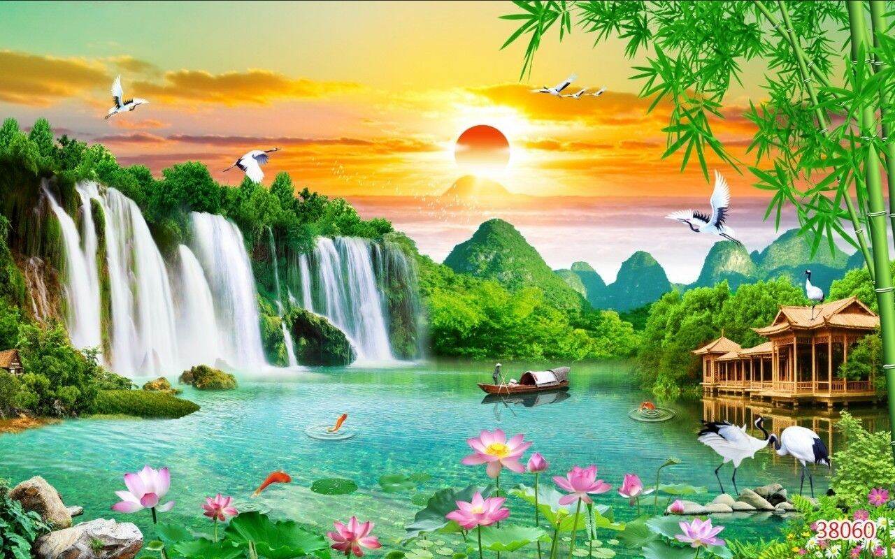 Tranh 3D Sơn Thủy Hữu Tình dán tường phòng khách, phòng làm việc