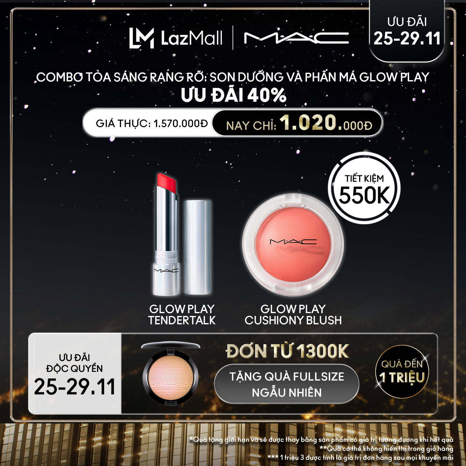MAC - Set - 2pcs Glow Play Tendertalk Lip Balm / Tinted hydrating lip balm, Glow Play Cushiony Blush / Bouncy, buildable colour