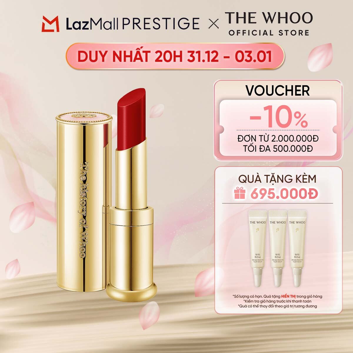   THE WHOO OFFICIAL  Son dưỡng môi có màu giàu dưỡng chất The Whoo Essential Lip Glow Balm 3.3gr 