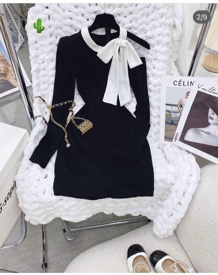 Đầm ôm gân tay dài phối nơ PC