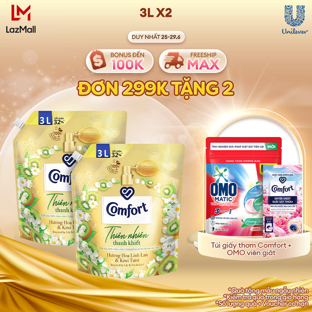 Combo 2 Nước Xả Vải Comfort Thiên Nhiên Thanh Khiết Hương Hoa Linh Lan & Kiwi Tươi 3.0L