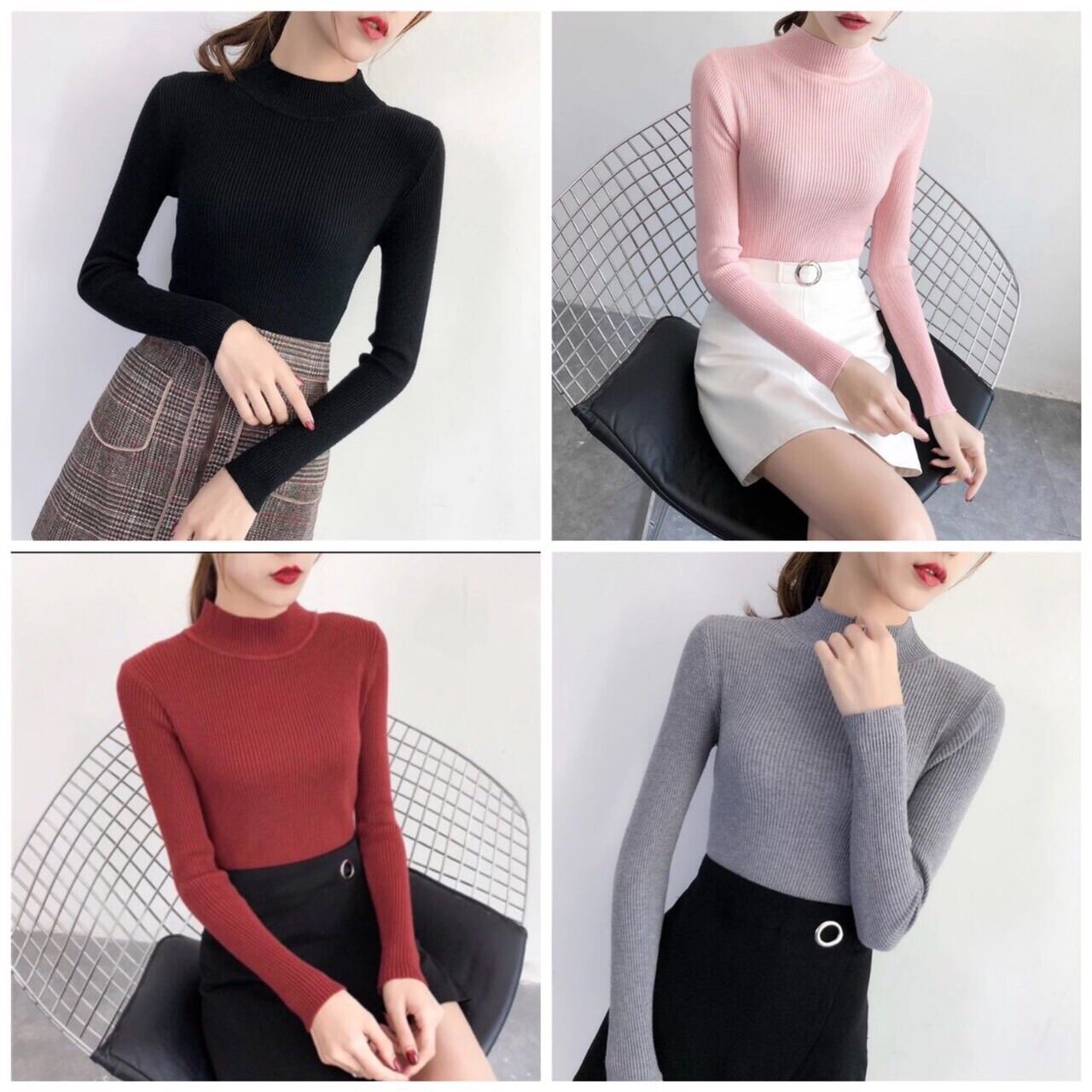 Áo len tăm nữ dài tay cổ 3 phân basis