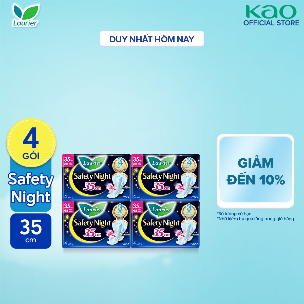 Combo 4 gói Băng vệ sinh Laurier Safety Night Đêm Siêu An Toàn 35cm 4 miếng
