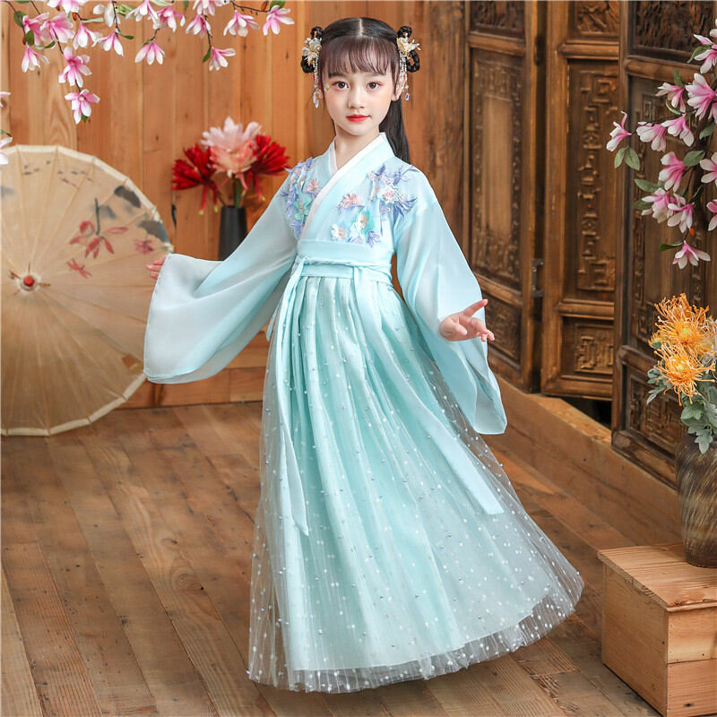 Hán phục cổ trang bé gái váy liền phong cách trung quốc trang phục xuân hè váy nhu phong cách cổ dài tay trẻ em trang phục trẻ em siêu tiên nữ trang phục đời đường