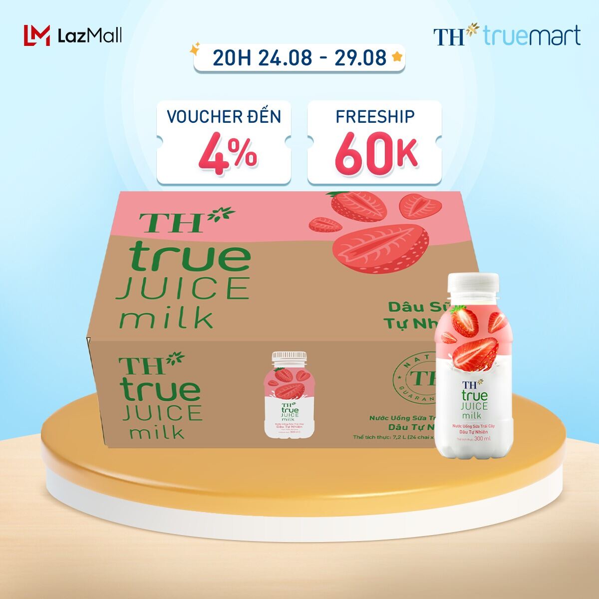 Thùng 24 chai nước uống sữa trái cây TH true JUICE milk dâu tự nhiên 300 ml (300 ml x 24)