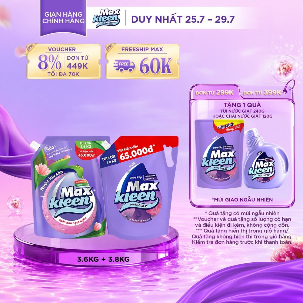 Combo Túi Nước Lau Sàn MaxKleen 3.6kg Ngàn hoa ngọt ngào + Túi Nước Giặt Xả MaxKleen 3.6kg/3.8kg (Hoa Nắng/Huyền Diêu/Vườn Sớm Mai/Thiên Nhiên)