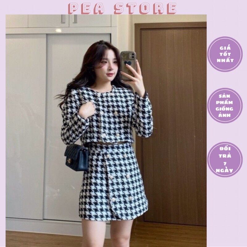 Set dạ kẻ gingham chân váy vạt chéo sang chảnh - Set dạ kẻ ziczac croptop Pea Store