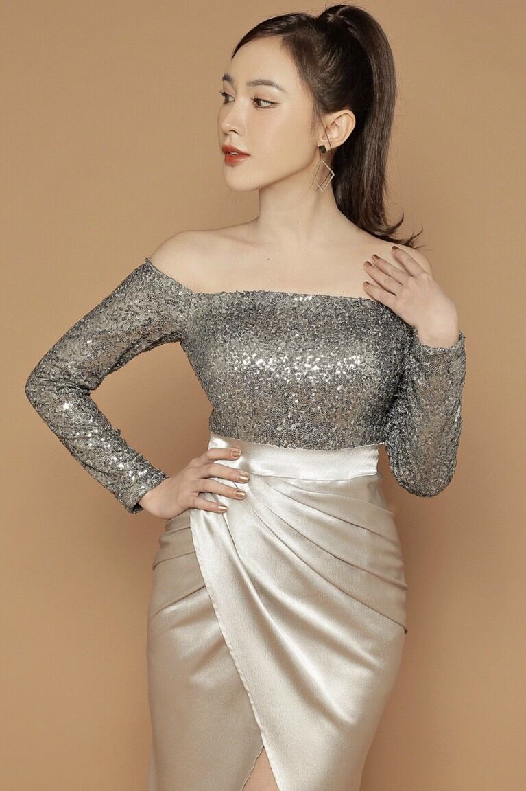 Đầm dạ hội trễ vai kim sa phối phi