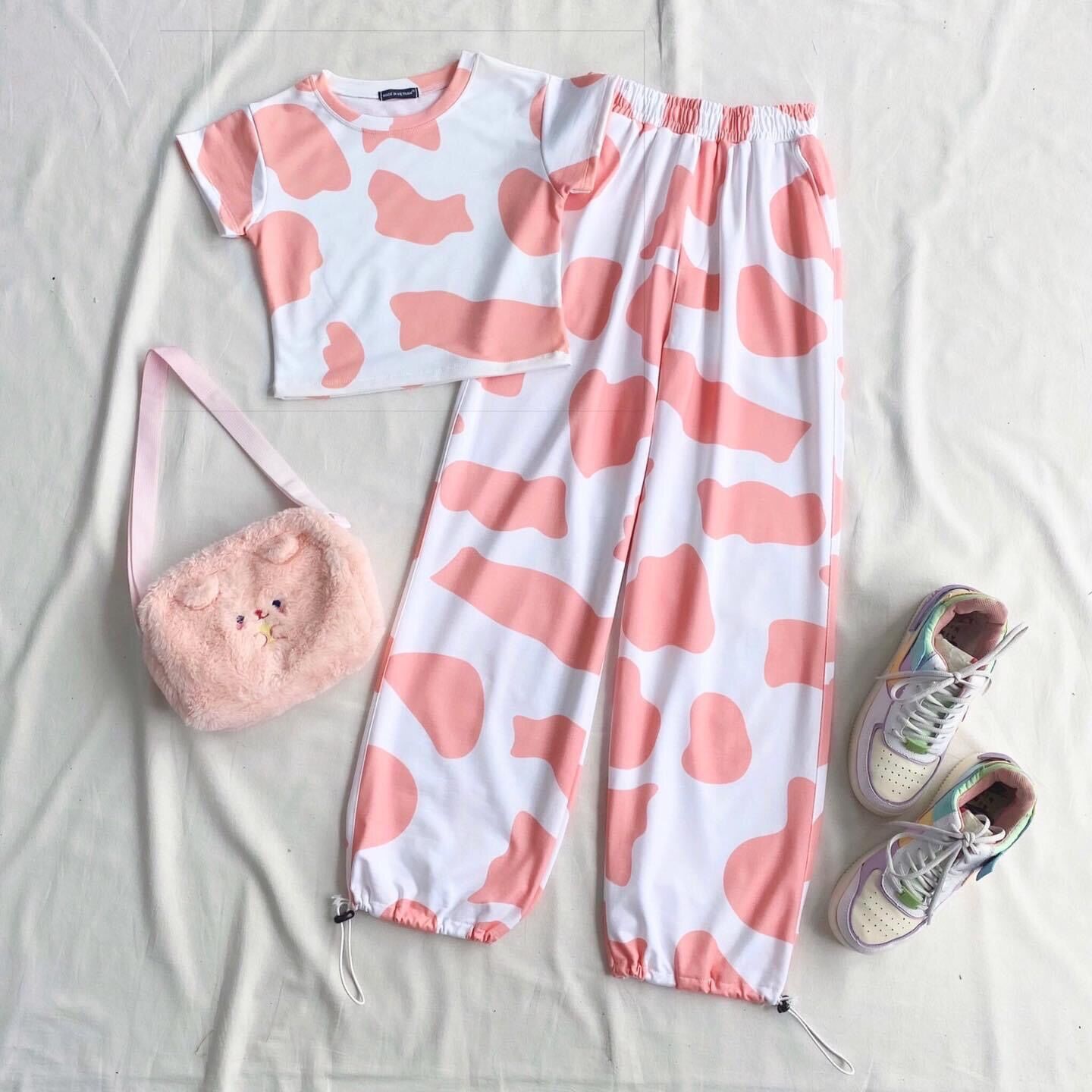 [HCM]Set aó croptop + long pant bò sữa