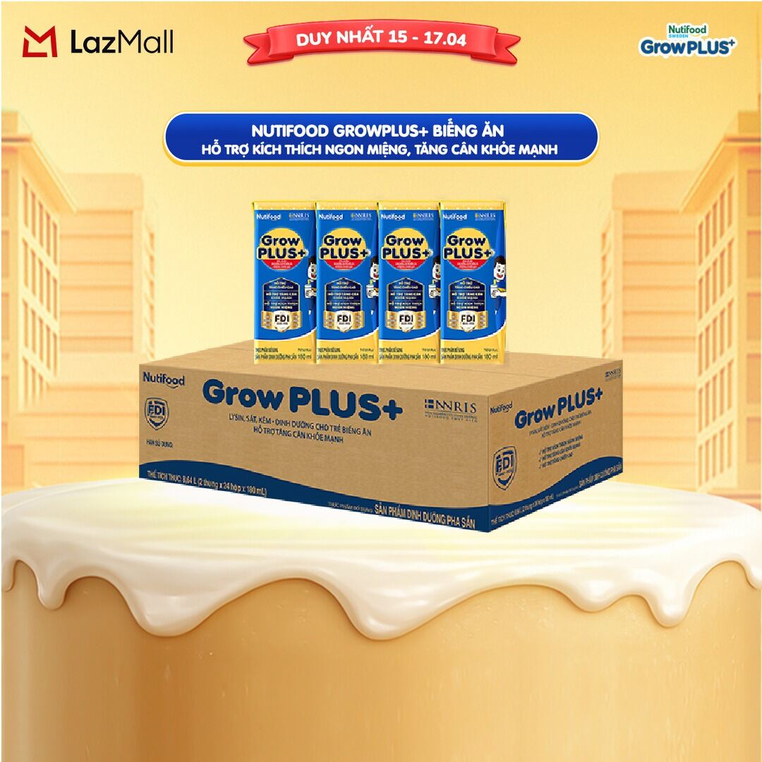 Thùng Sữa Bột Pha Sẵn Nutifood GrowPLUS+ Biếng Ăn 180ml - Hỗ Trợ Kích Thích Ngon Miệng, Tăng Cân Khỏe Mạnh - Trên 2 Tuổi (48 Hộp x 180ml)