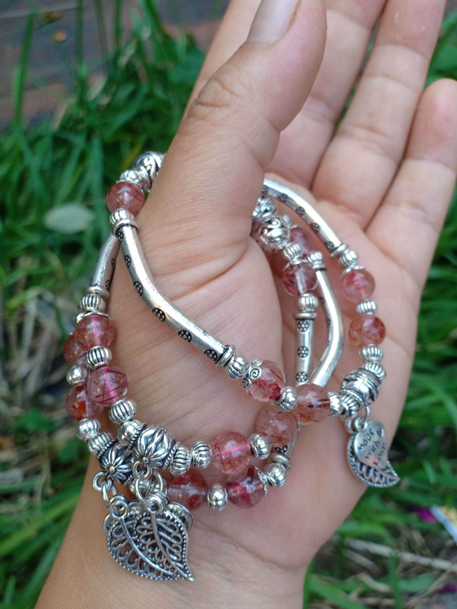 Lắc Tay Charm Bạc Thái Mix Đá Thạch Anh Tóc Đỏ Tự Nhiên