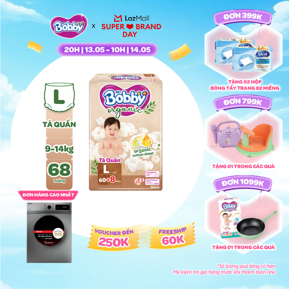 [CHỈ 20h 13.05 QT Đơn 899K/1199K][MỚI RA MẮT] [TẶNG KÈM 8 MIẾNG] Tã quần cao cấp Bobby Organic chăm sóc dịu nhẹ từ thiên nhiên L60
