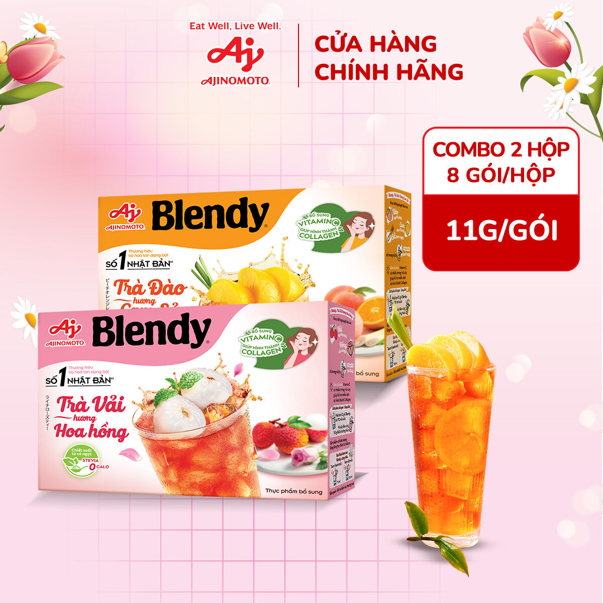 Combo 1 Hộp Trà Đào Hương Cam Sả Blendy® 88g/Hộp và 1 Hộp Trà Vải Hương Hoa Hồng Blendy® 88g/Hộp (1 Hộp 8 Gói)