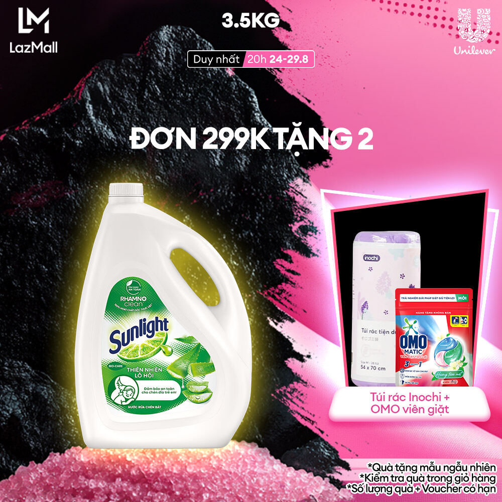 Nước rửa chén Sunlight Thiên nhiên Muối khoáng Lô hội 100% Gốc thực vật Chai 3.6kg