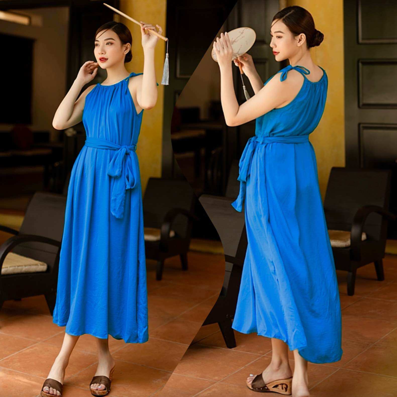 Đầm lụa suông cổ yếm kèm dây buộc eo nữ tính Infashion