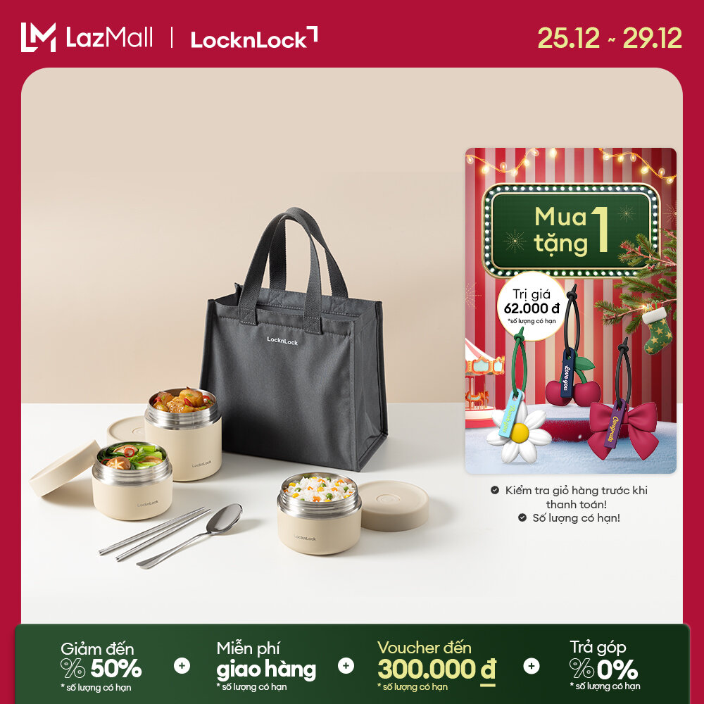  Bộ hộp cơm giữ nhiệt thép không gỉ LocknLock Pump Vacuum Lunch Box LHC8052S02 - 2 Màu 3 hộp kèm túi đựng cơm cách nhiệt bộ muỗng đũa 