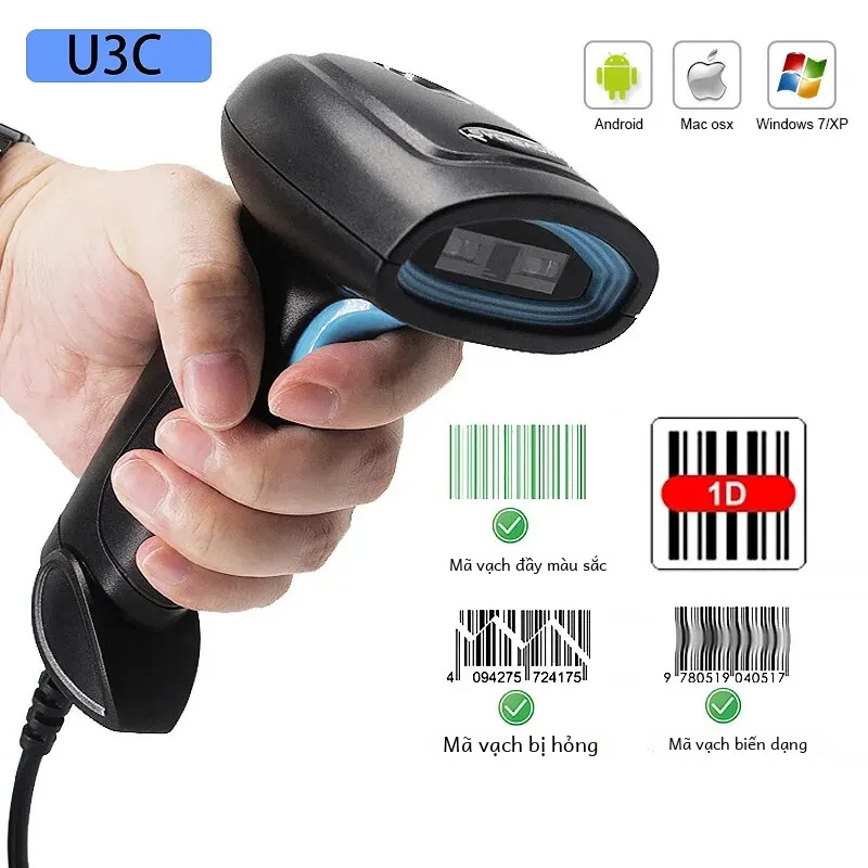Cầm tay có dây đèn đỏ máy quét mã vạch 1d đầu đọc mã vạch độ chính xác cao giải mã tốc độ đa năng cho siêu thị hậu môn u3c