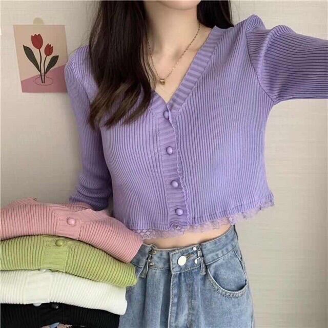 Áo len nữ dệt kim cài khuy(4 cúc) pha ren điệu đà