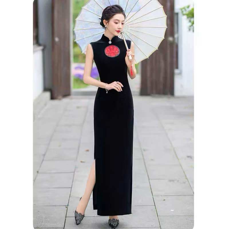 Sườn Xám Nhung Dáng Dài Hoạ Tiết Thêu Truyền Thống 40-65 Kg