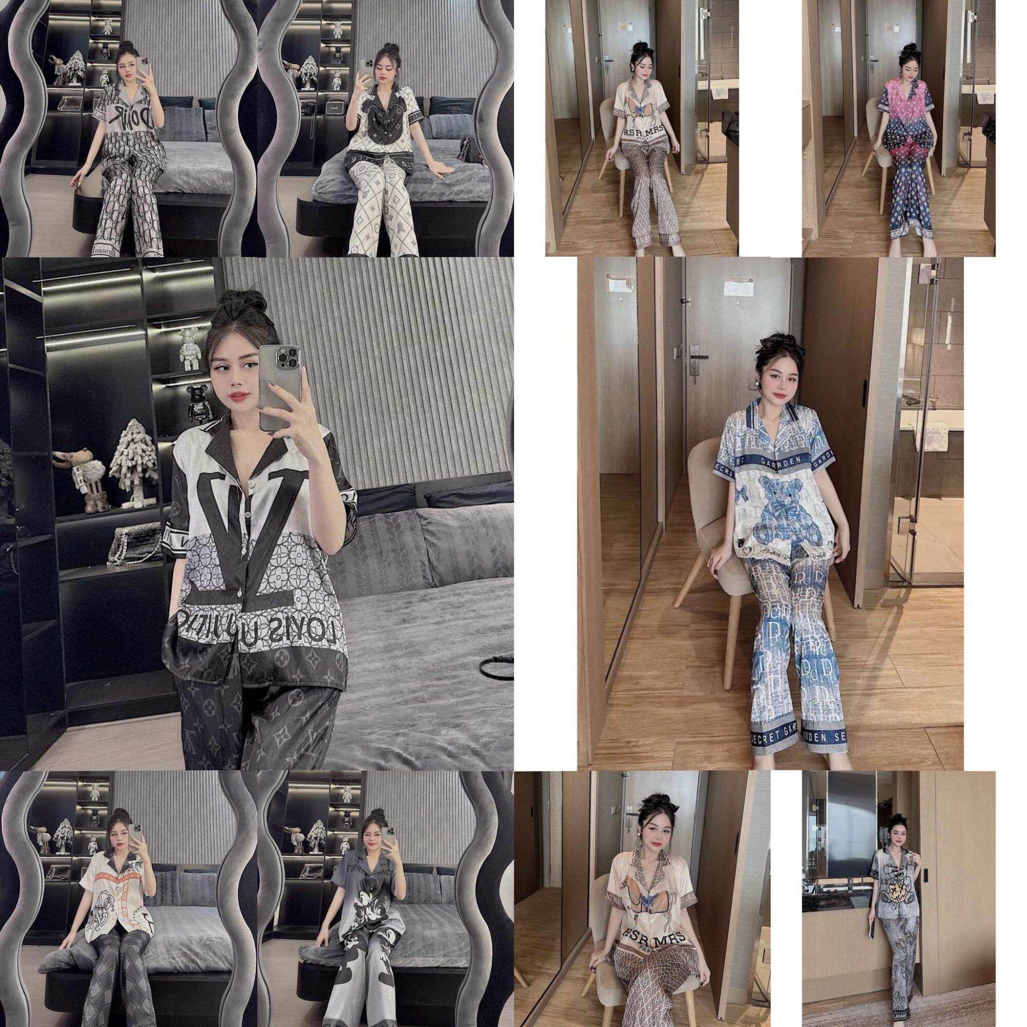 Đồ bộ pijama lụa xước nữ  [NÚT ĐÁ]  thương hiệu size từ 40 đên 62kg