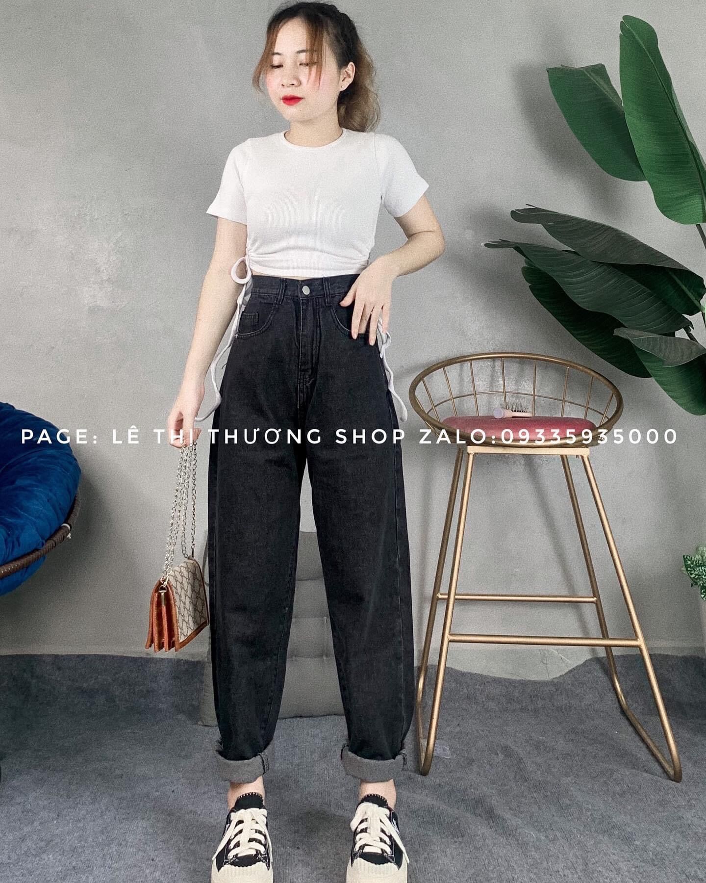 Set baggy xám + croptop rút dây trơn