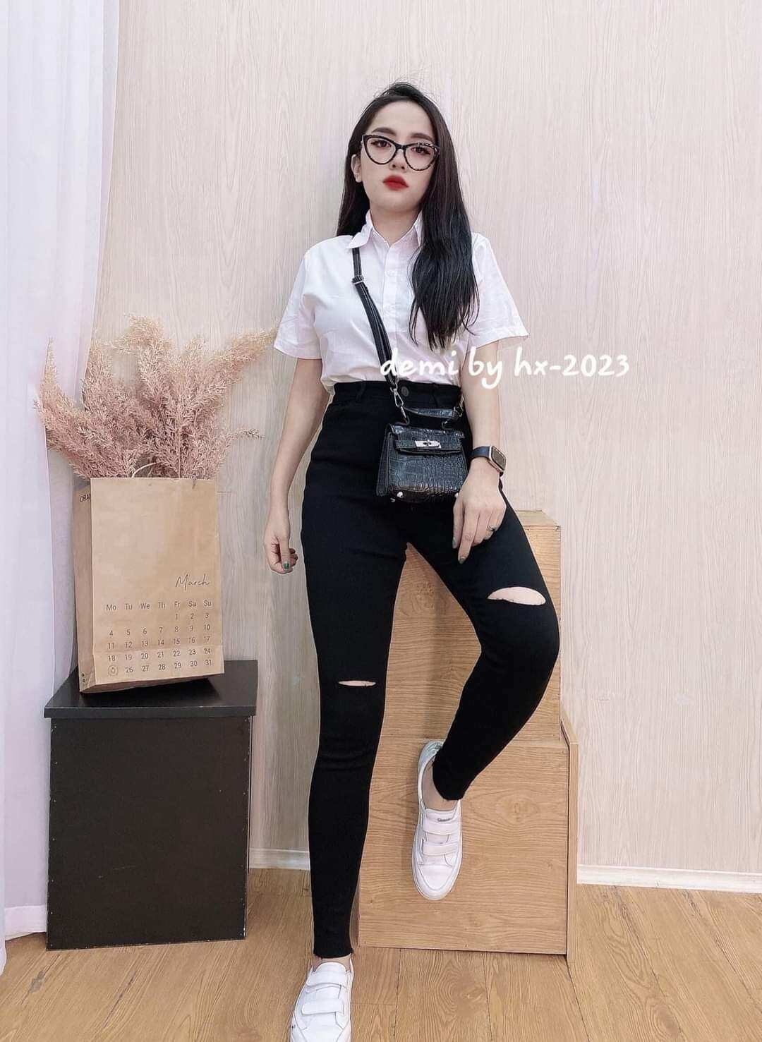 Quần jean nữ lưng cao rách gối quần bò nữ bigsize skinny bò giấy