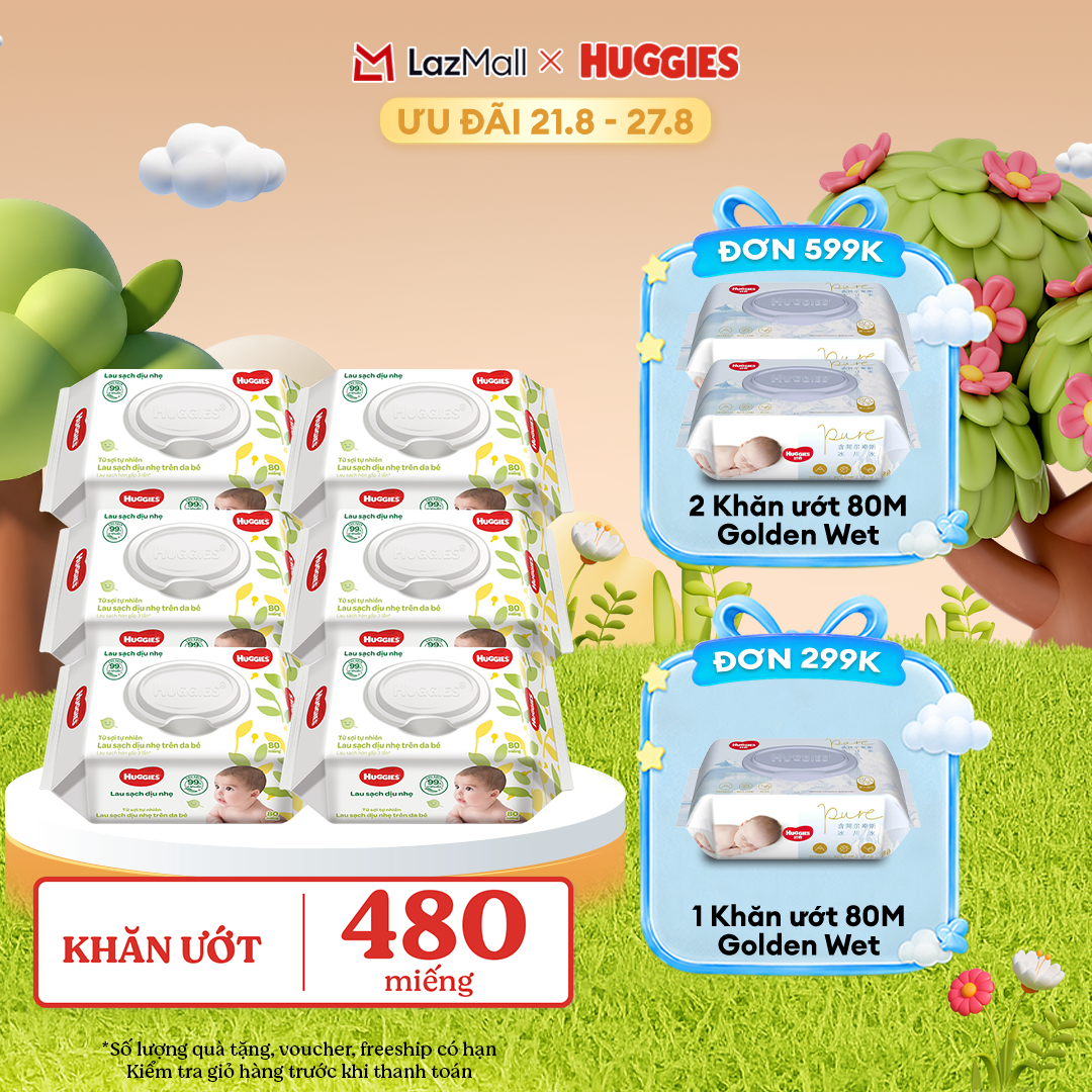 [17-24.08 GIẢM THÊM 90K] Combo 6 gói Khăn giấy ướt cho trẻ sơ sinh HUGGIES 80 miếng không mùi